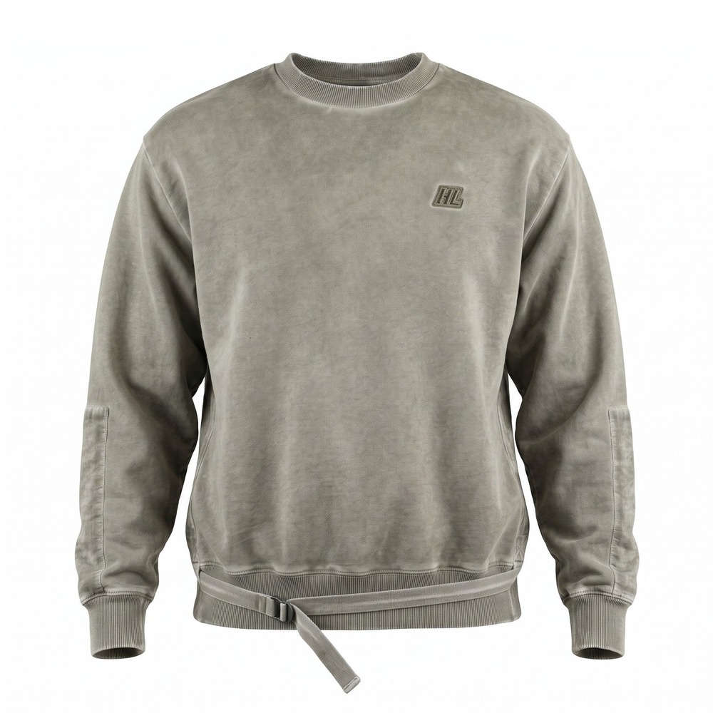 Helmut Lang Military Crew Sweatshirt Mens Small Wash Grey Belt Buckle Logo